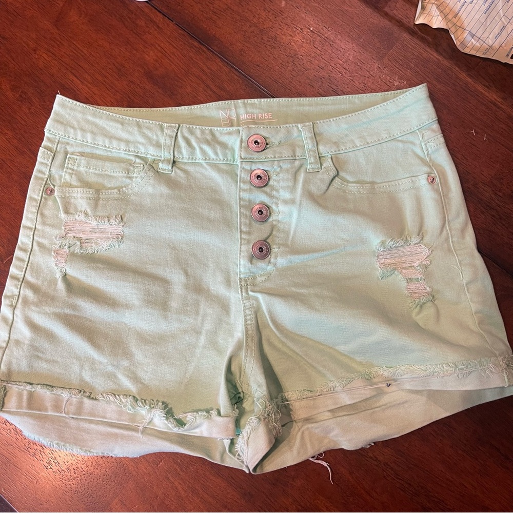 Mint Green High Rise Distressed Juniors Shorts
